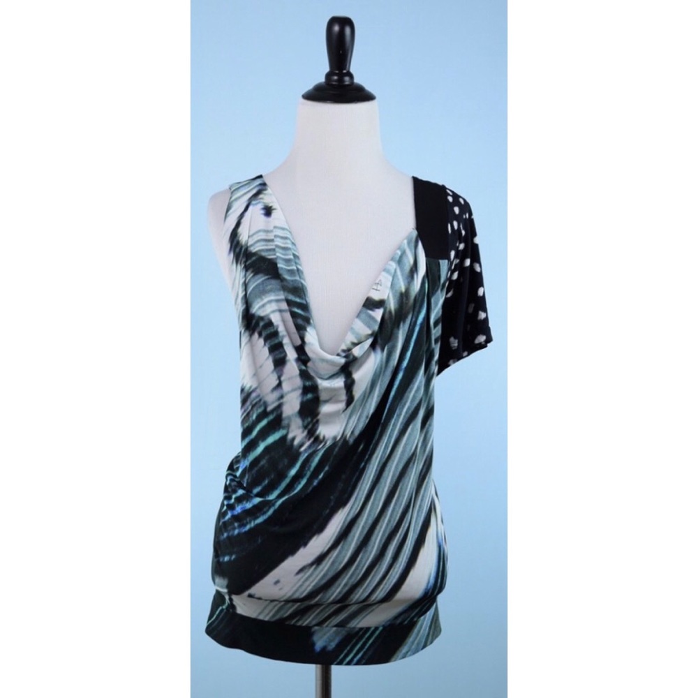 Just Cavalli Draped Mixed-Print Tank Top in Black, White, Teal